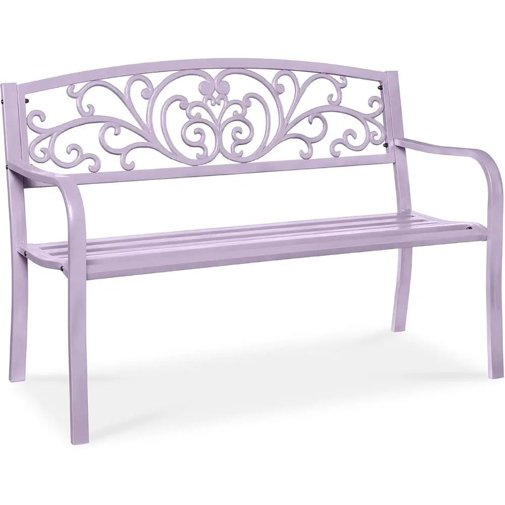 Lavender Steel Outdoor Bench with Floral Backrest