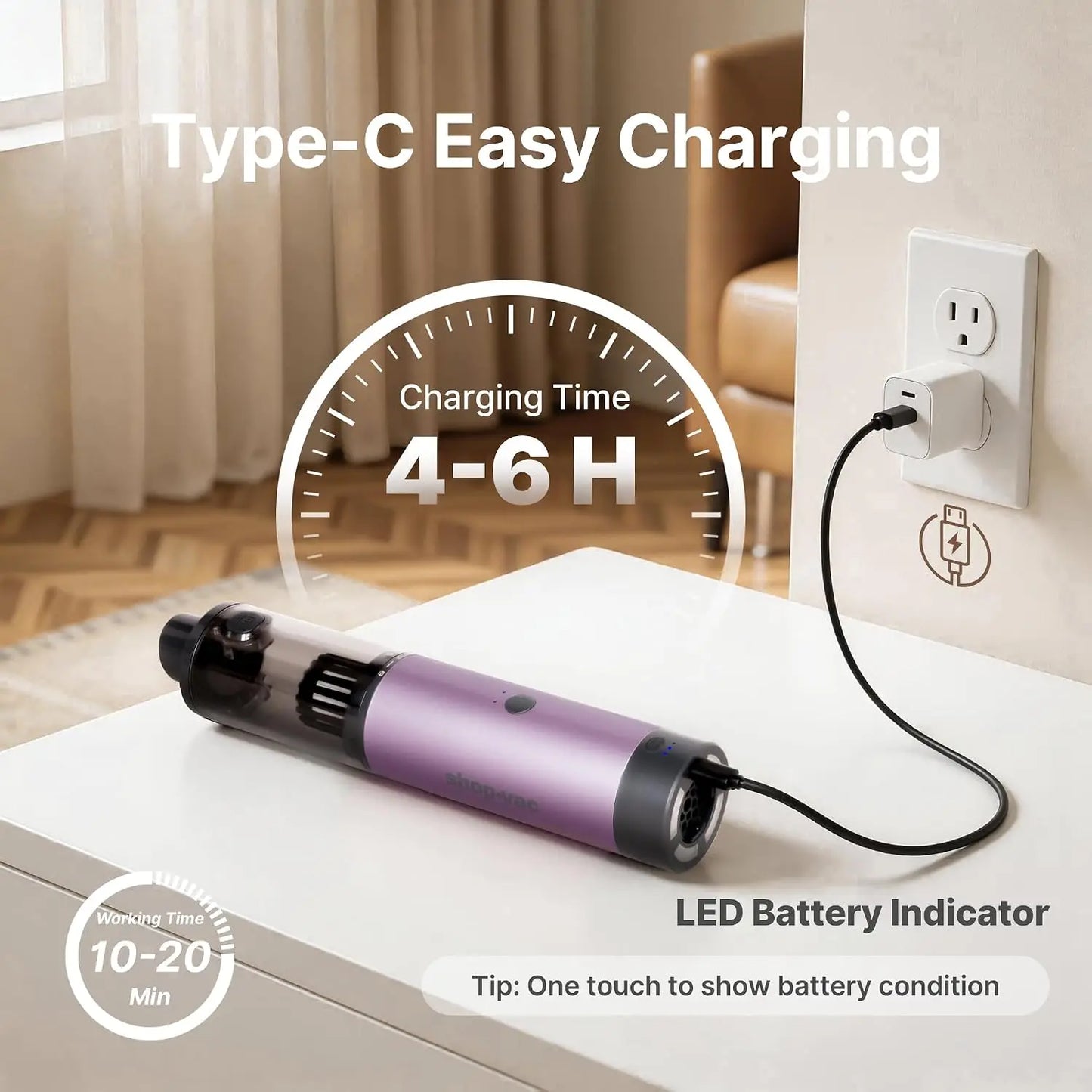 Mini Car Vacuum Cordless, 15000Pa 4-in-1 Portable Handheld Desk Vacuum & Air Duster with Brushless Motor, LED Light, Multi-Nozzles, 2 Modes, for Car, Office, Keyboard Cleaning (Purple)