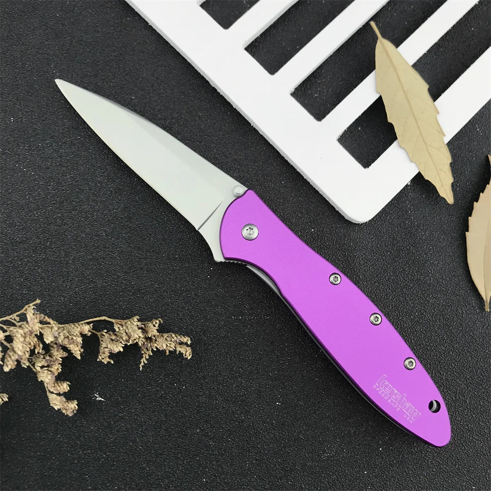 Outdoor Folding Knife 2.83 Inch Steel Blade Purple Aluminum Handle Reversible Pocket Clip  Camping Knife