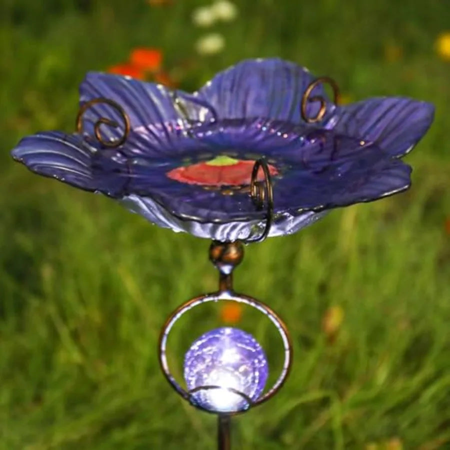 Glass Bird Bath with Solar Crackle Glass Globe Lights Decorations and Metal Stake