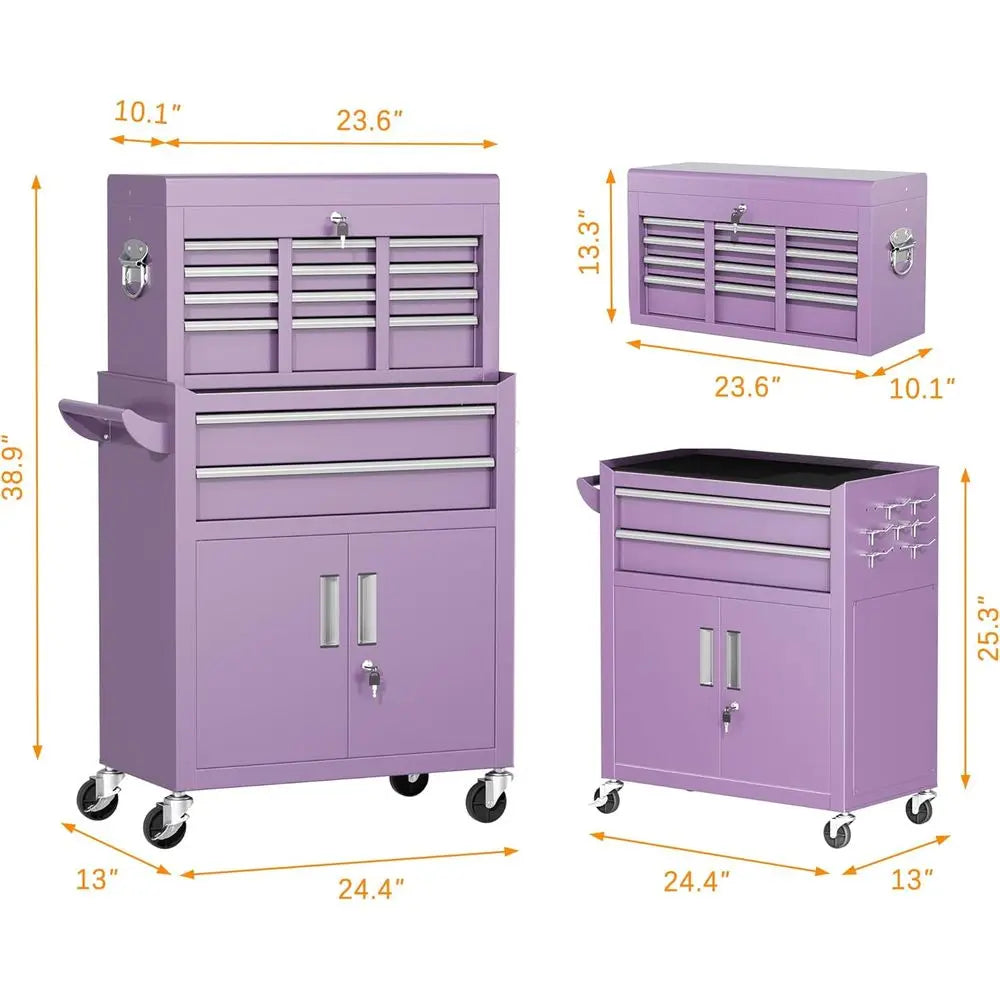 Portable 8-Drawer Tool Chest with Lockable Wheels, Detachable Top Box, Organizer for Workshop or Storage