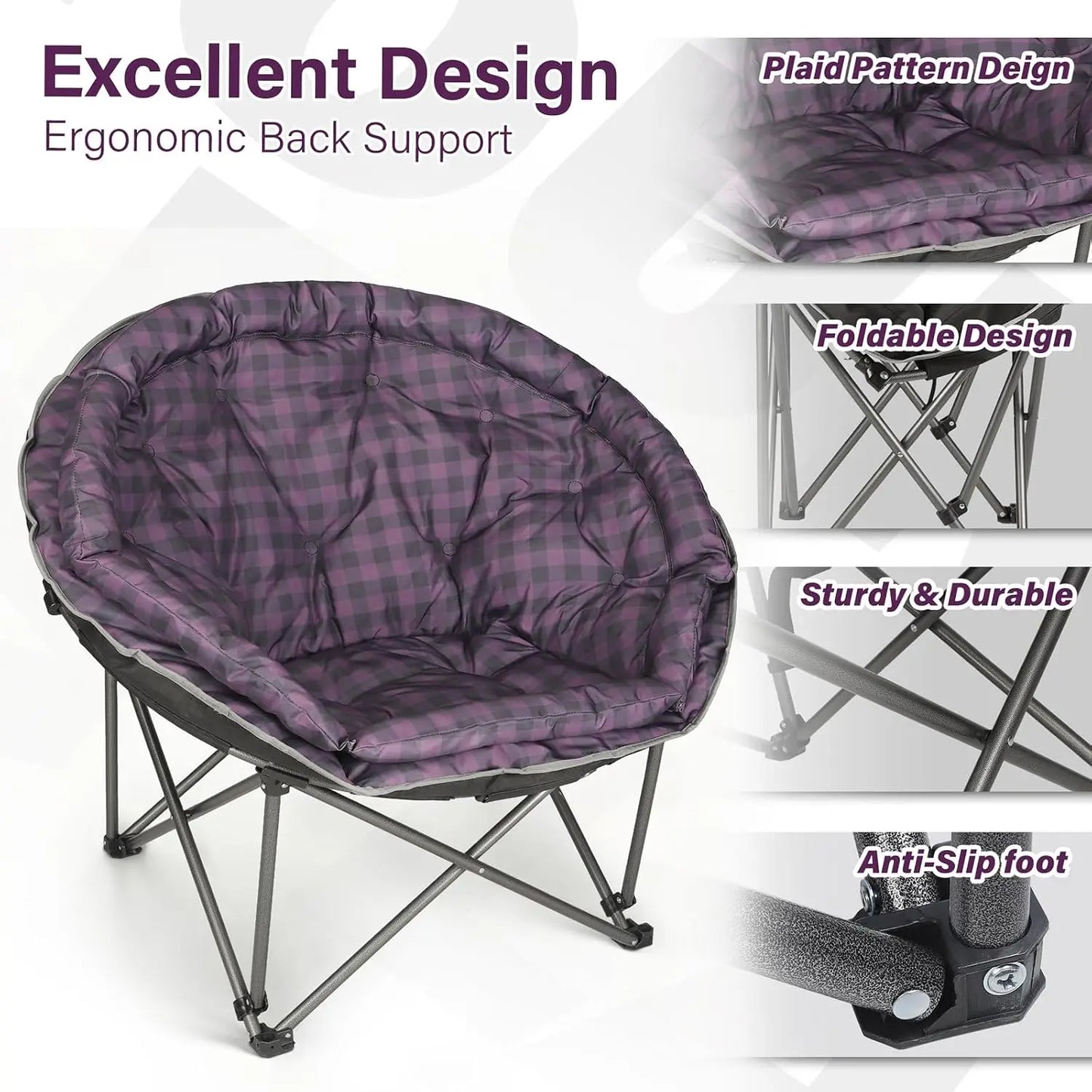 XXL Folding Moon Camp Chair, Heavy Duty 400lbs, Padded, Purple Plaid, Portable