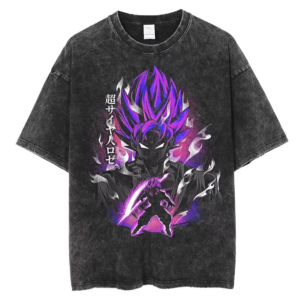 Dragon Ball Super Goku Black Super Saiyan Rosé Purple Flame Acid Wash Oversized Black T Shirt 2026 Summer Anime Graphic Tee