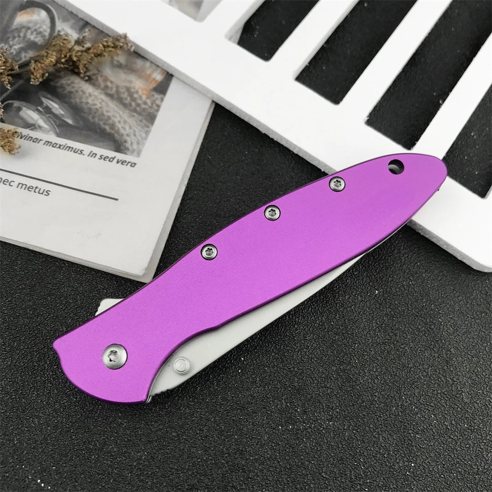 Outdoor Folding Knife 2.83 Inch Steel Blade Purple Aluminum Handle Reversible Pocket Clip  Camping Knife