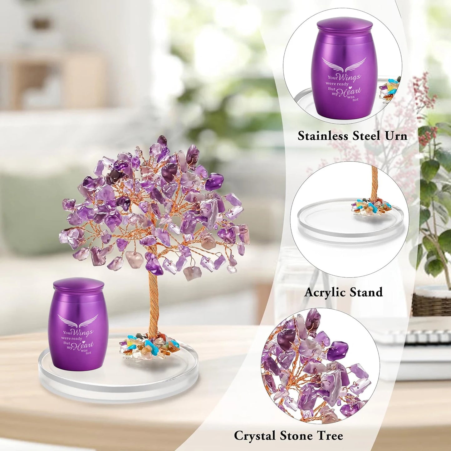 Small Urns for Ashes Keepsake Set of 2, Angel Wings Mini Urn for Human Pet Ashes with Amethyst Crystal Tree