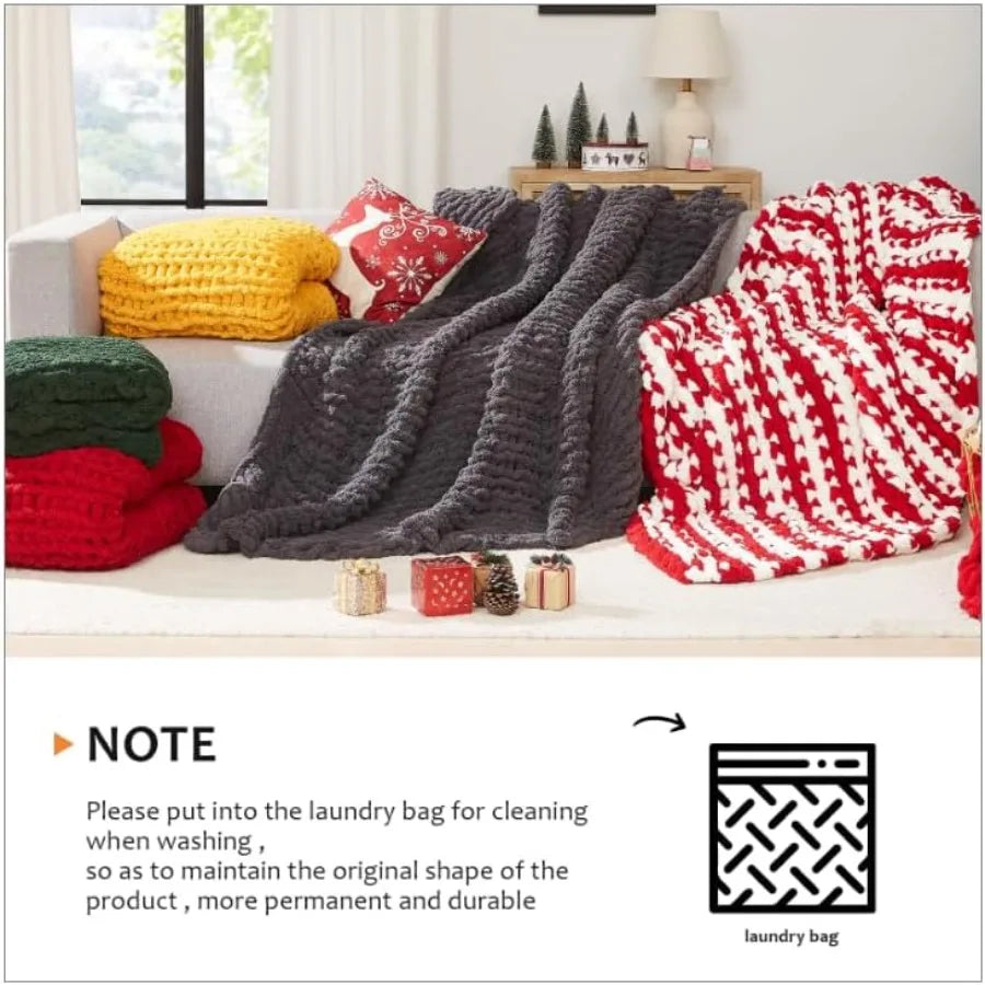 Handmade Large 80''x90'' Chunky Thick Cable-Knitted Chenille Blanket