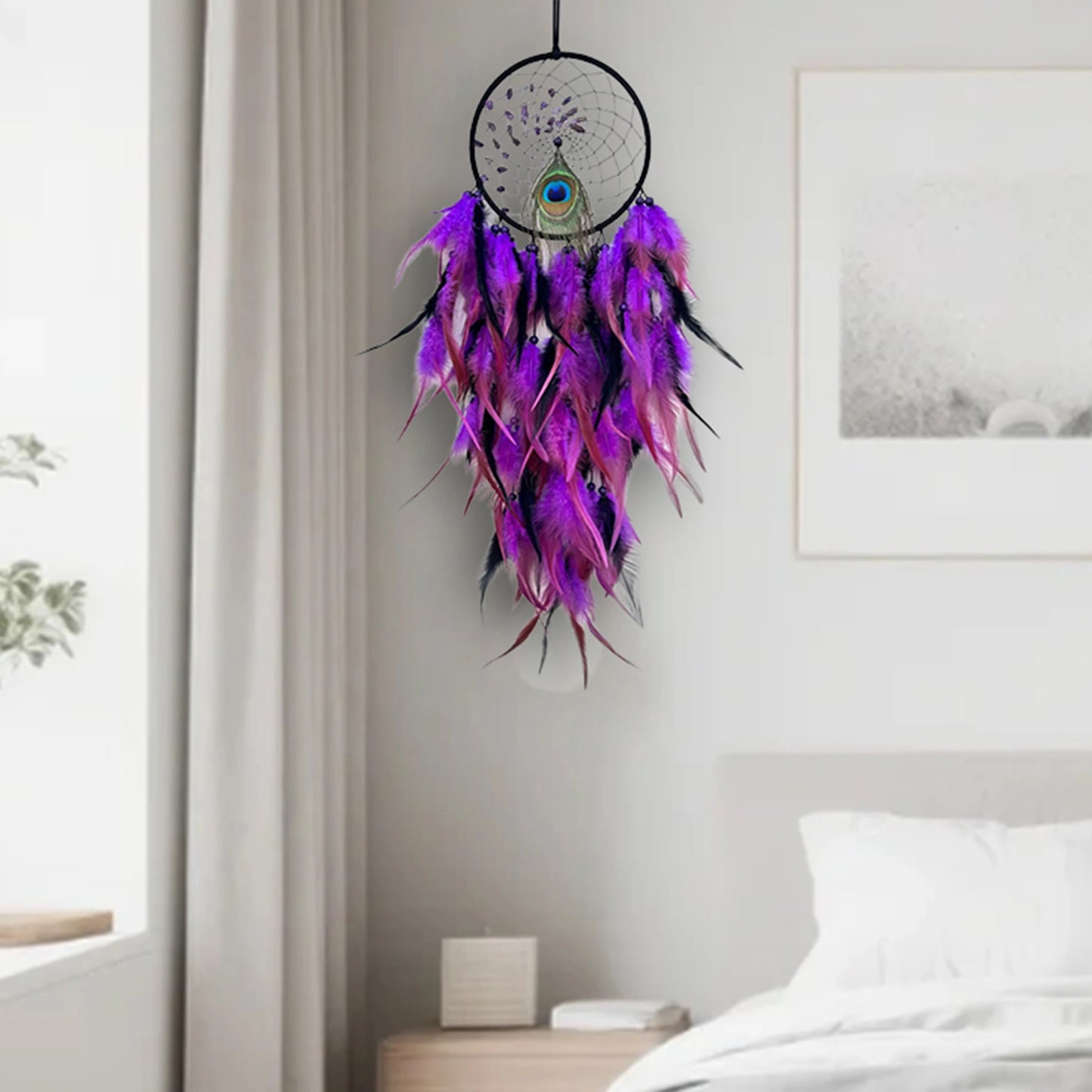 Handcrafted Dreamcatcher with Amethyst Stones and Owl Feathers for Boho Bedroom Wall Decor and Positive Energy