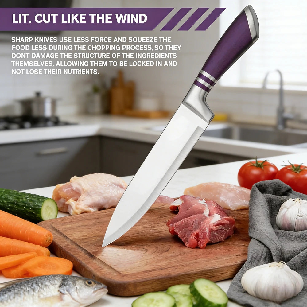 9-Piece Purple Kitchen Knife Set Sharp Wear-Resistant 3CR13 Stainless Steel Hollow Handle Ergonomic Chef Knife Set with Gift Box