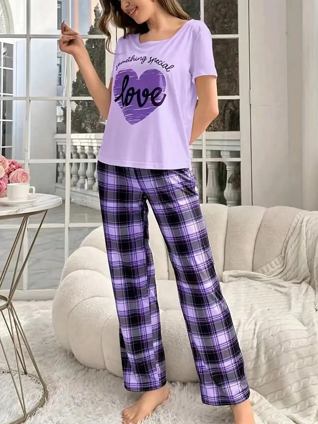 Purple Plaid Lounge Set with Heart Graphic Top for Women