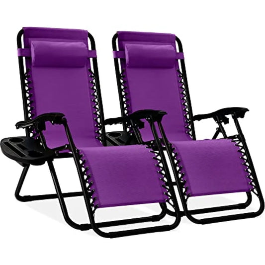 Set of 2 Adjustable Steel Mesh Zero Gravity Lounge Chair Recliners w/Pillows and Cup Holder Trays - Purpleobsessions