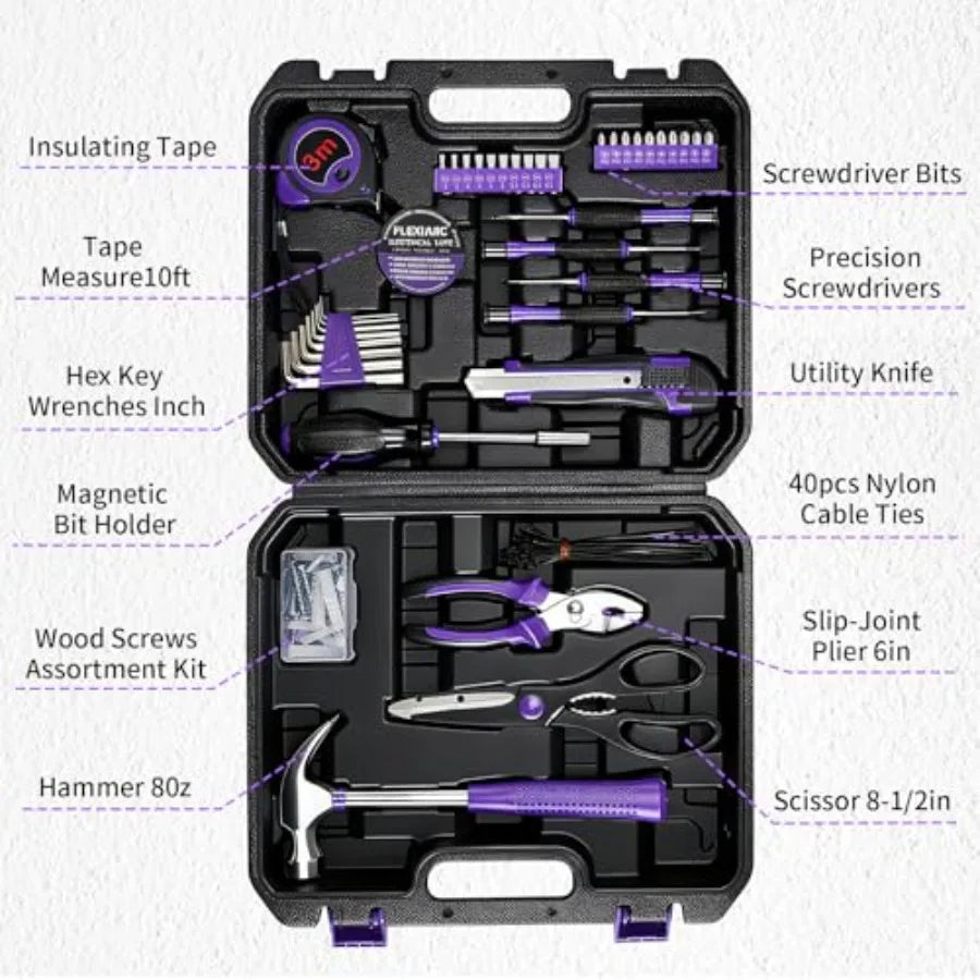 General Household Tool Set - Purple Hand Tool Kit with Waist Pouch and Gloves Tool Kit for home repair