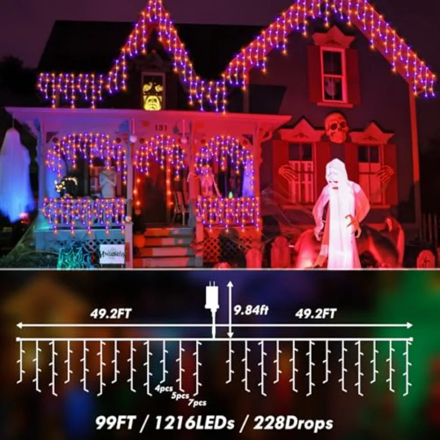 Halloween decoration lights, LED, orange and purple, 99FT 1216 bulbs, weather-resistant PVC wire, energy-efficient