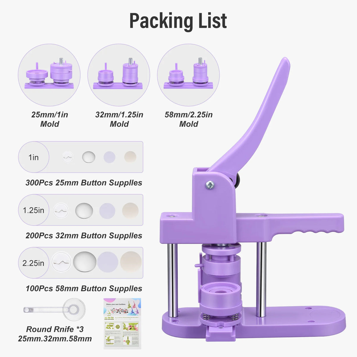 Purple Button Badge Maker Machine 25/32/58mm Button Pin Press Machine With Parts Supplies