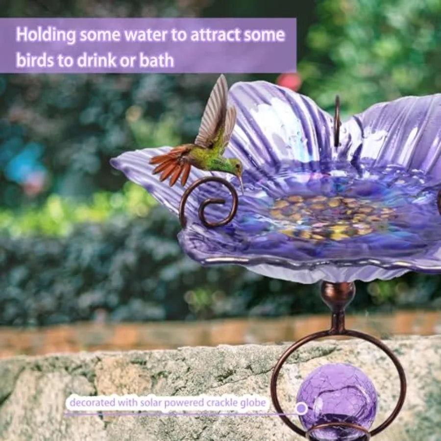 Glass Bird Bath with Solar Crackle Glass Globe Lights Decorations and Metal Stake