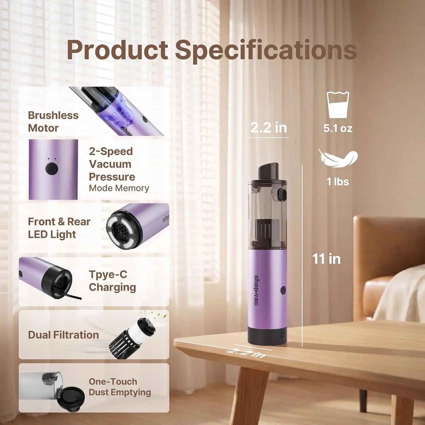 Mini Car Vacuum Cordless, 15000Pa 4-in-1 Portable Handheld Desk Vacuum & Air Duster with Brushless Motor, LED Light, Multi-Nozzles, 2 Modes, for Car, Office, Keyboard Cleaning (Purple)
