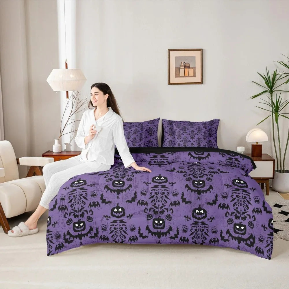 Purple Graffiti Gothic Style 7-Piece Bedding Set Including Comforter, Sheets, and Pillowcases, King
