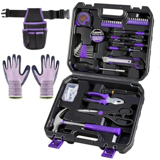 General Household Tool Set - Purple Hand Tool Kit with Waist Pouch and Gloves Tool Kit for home repair