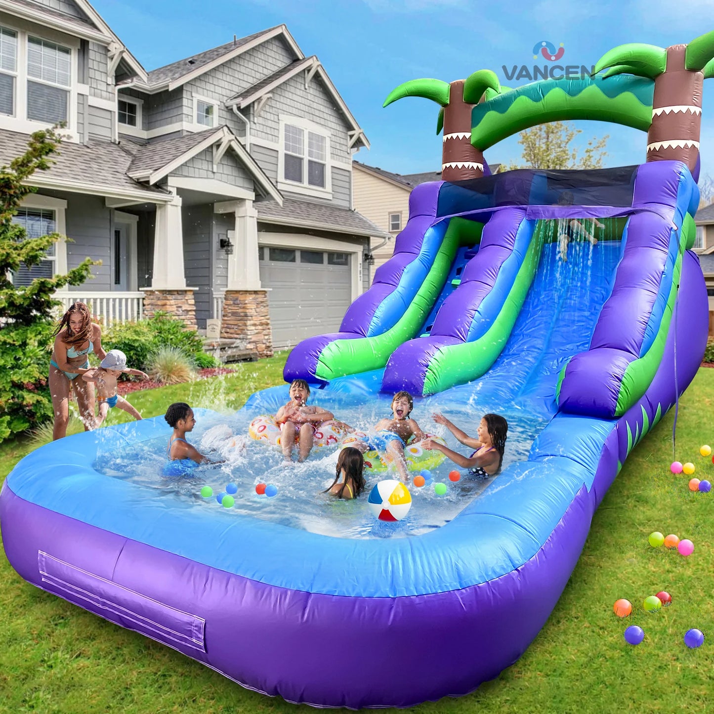 Inflatable Water Slide for Kids Vibrant Purple and Green Rainforest Design with Slip 'n Slide & Splash Pool