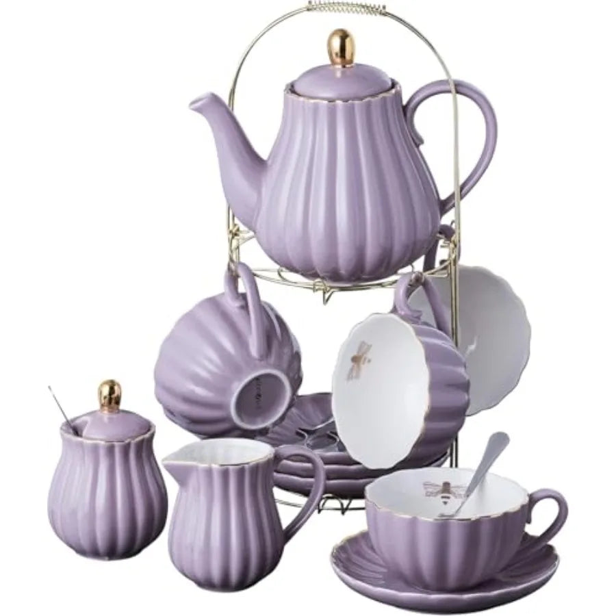 Fine China 8 OZ Coffee Cup/Teacup, Saucer, Spoons, Teapot, and Creamer Set 17-Piece Set