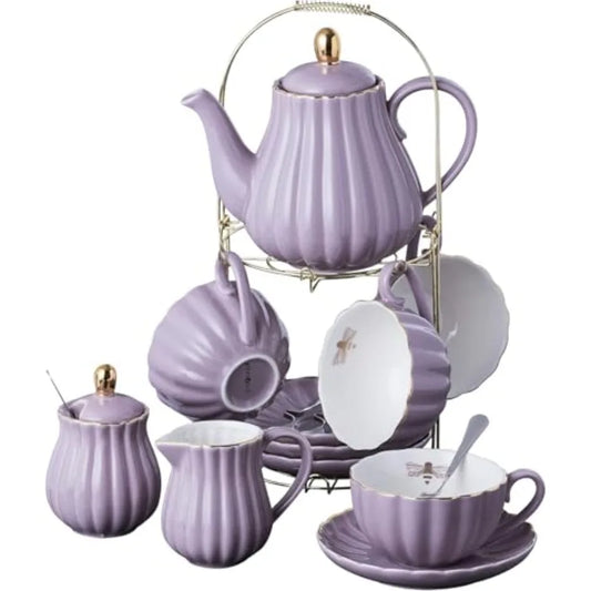 Fine China 8 OZ Coffee Cup/Teacup, Saucer, Spoons, Teapot, and Creamer Set 17-Piece Set