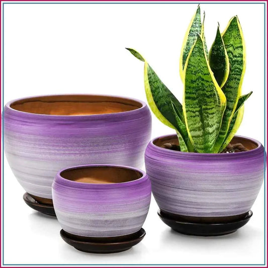 Set of 3 Ceramic Flower Pots, 7/5/4 inch, Purple Round Succulent Planter with Drainage Holes & Saucer, Indoor Outdoor
