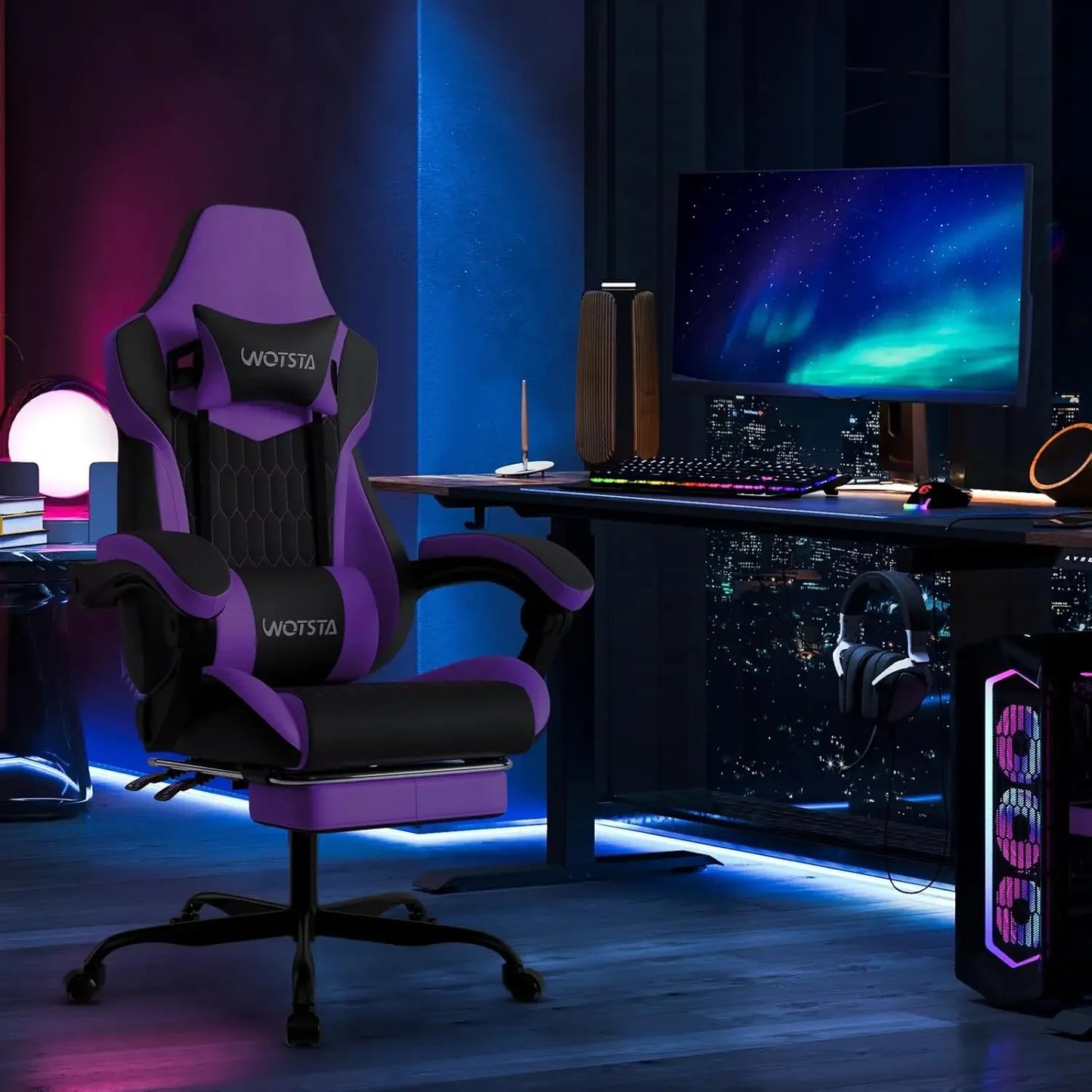 Purple High Back Ergonomic Gaming Chair With Footrest Adjustable Headrest Lumbar Support PVC Leather Racing Style For Home Offic