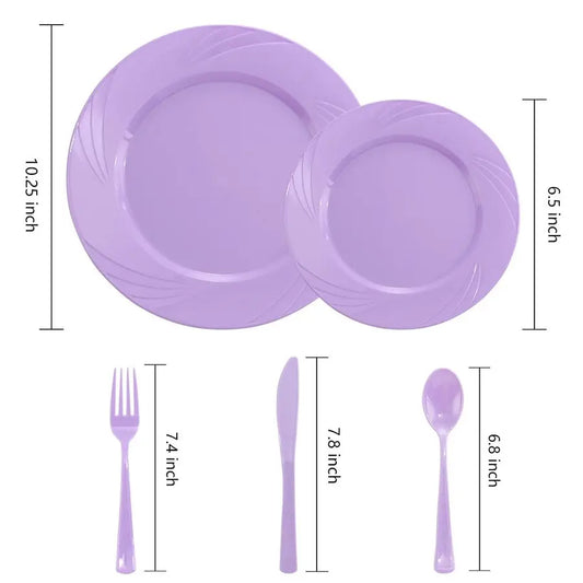 125PCS Purple Plastic Plates Lavender Plate Purple Plastic Silverware Include 50 Dinner & Dessert Plates + 25 each utensils