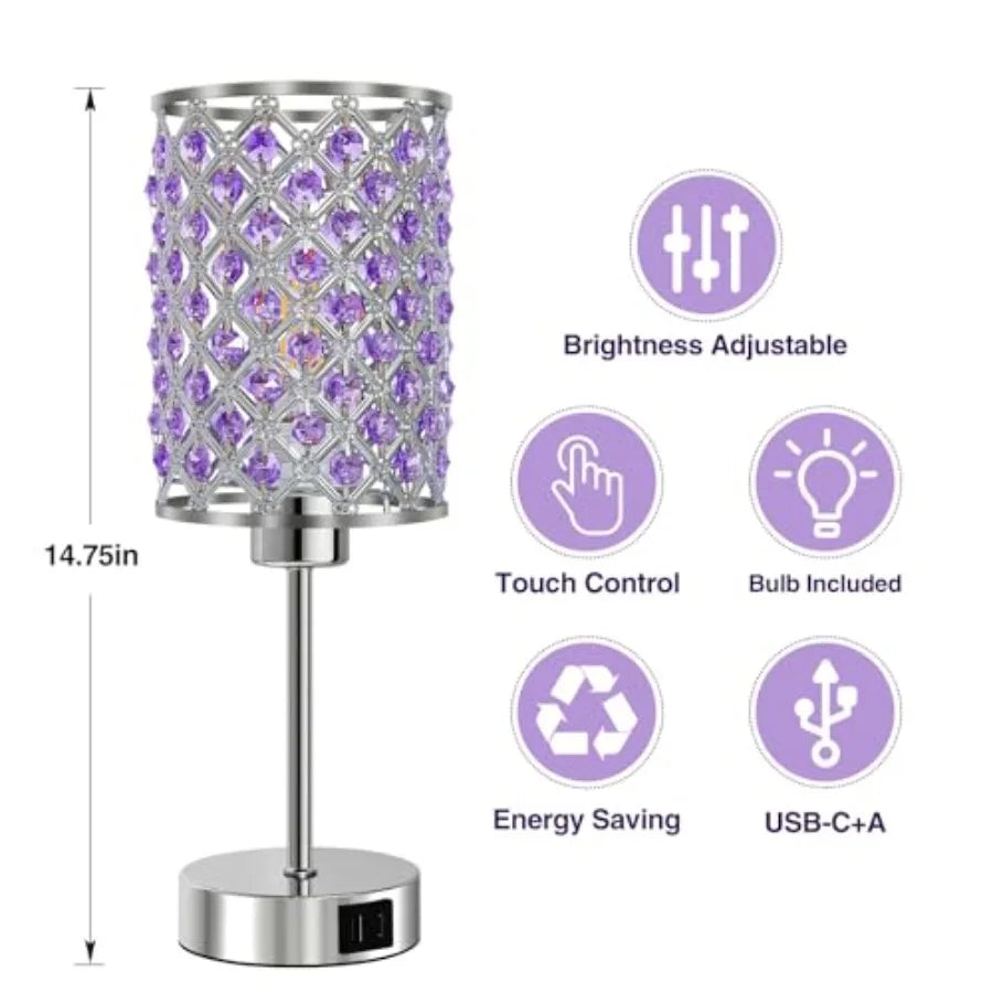 Purple Crystal Table Lamp with USB C+A Ports Dimmable Touch Control