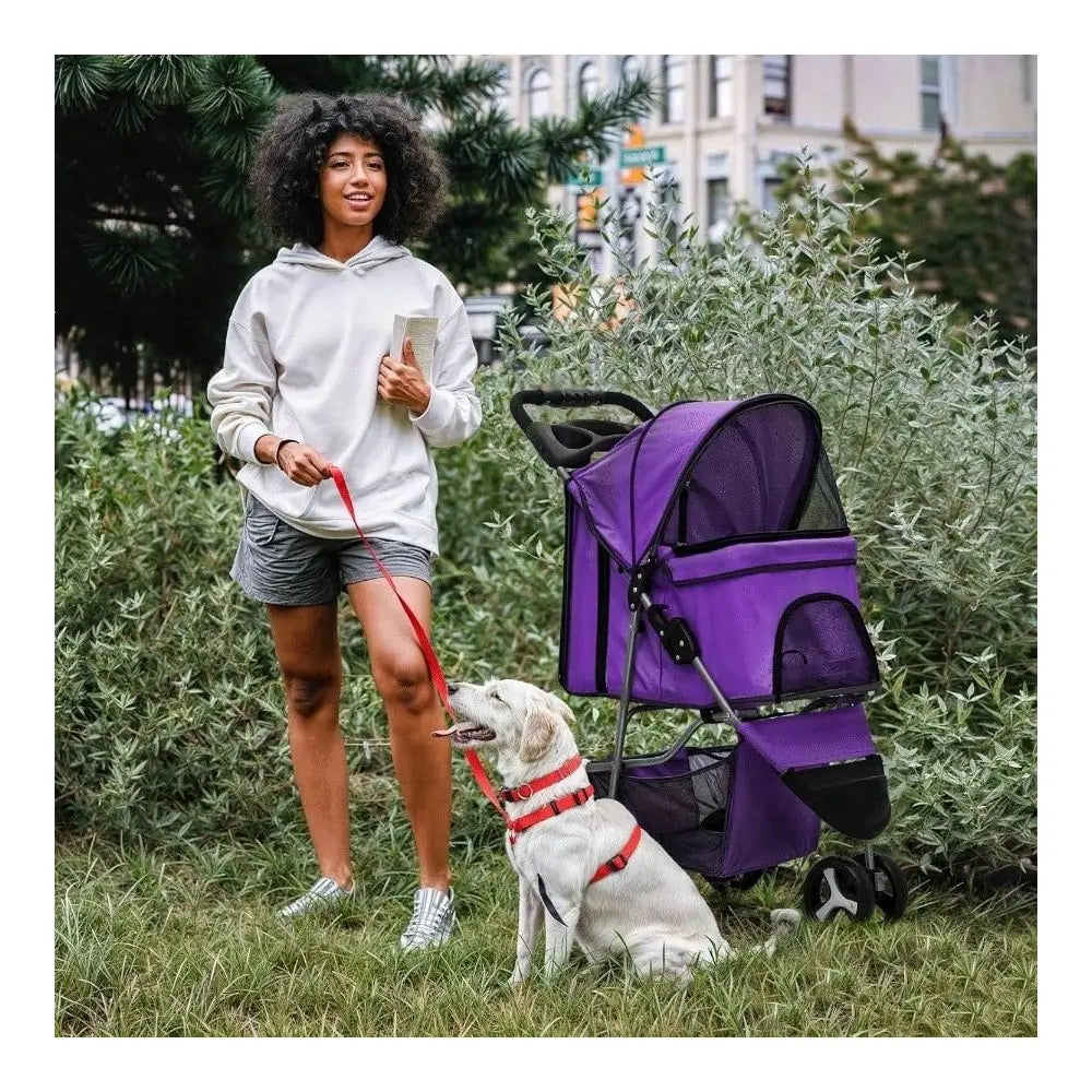 Dog Stroller With Weather Cover, 3 Wheels ,Storage Basket, & Cup Holder