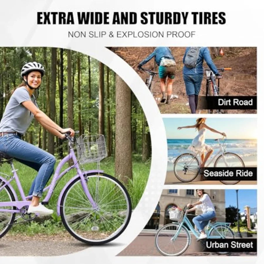 Women Beach Cruiser Bike 24/26 in. with Premium Derailleur Shift Lever Adjustable Seat