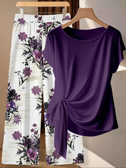 Women's purple floral straight loose trousers and matching short-sleeved top two-piece set