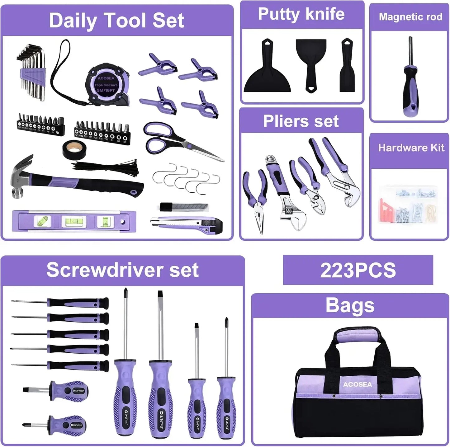223-Piece Purple Tool Set with 13-Inch Wide Mouth Tool Bag