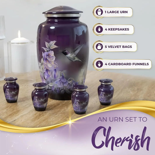 Set of 5 Beautiful Anna's Hummingbird Urns for Human Ashes - 1 Large Purple Urn for Ashes for adult with 4 Keepsake small urns