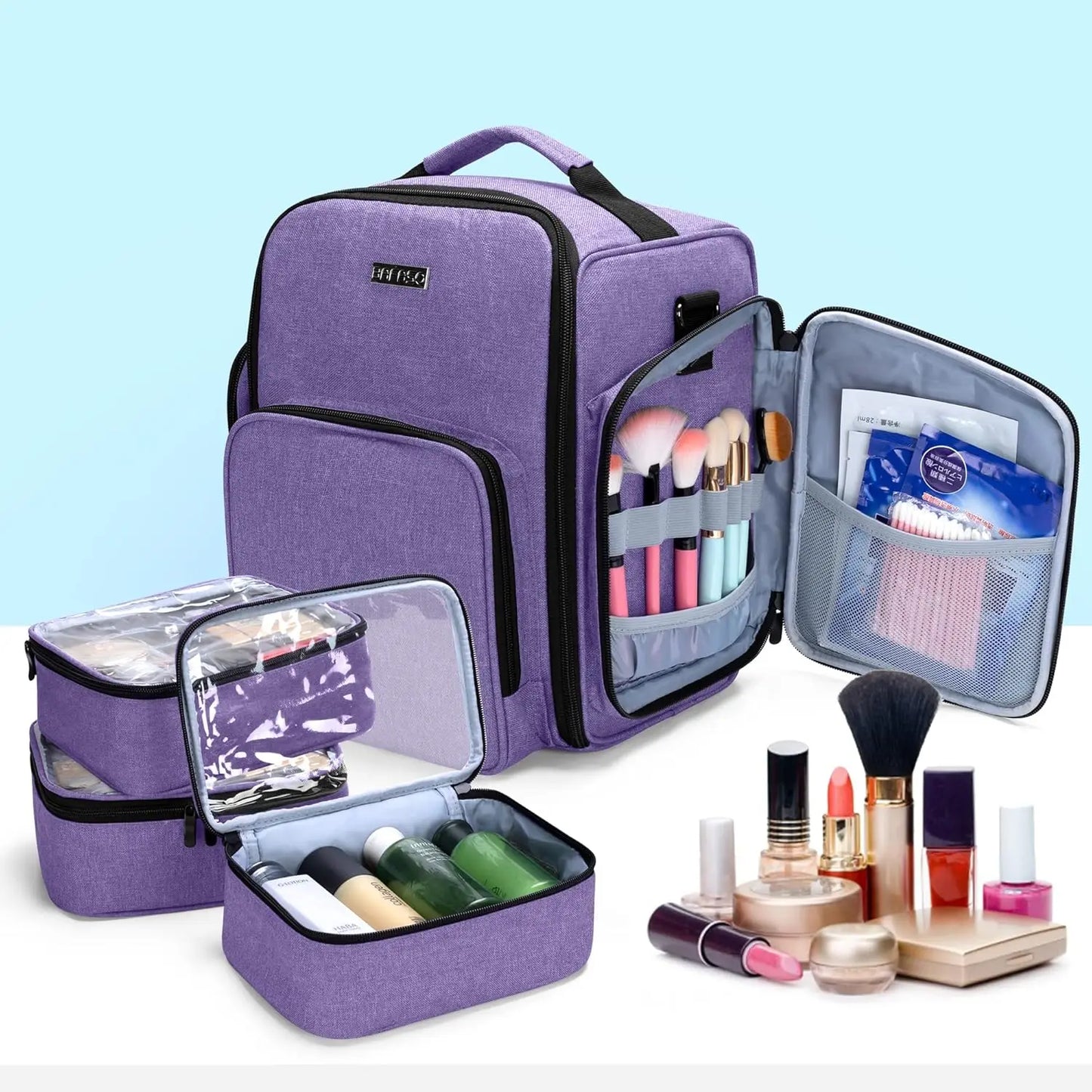 Nail Polish Organizer Holds 72 Bottles, Large Nail Polish Case with 3 Removable Pouches and Multiple Storage Sections, Purple