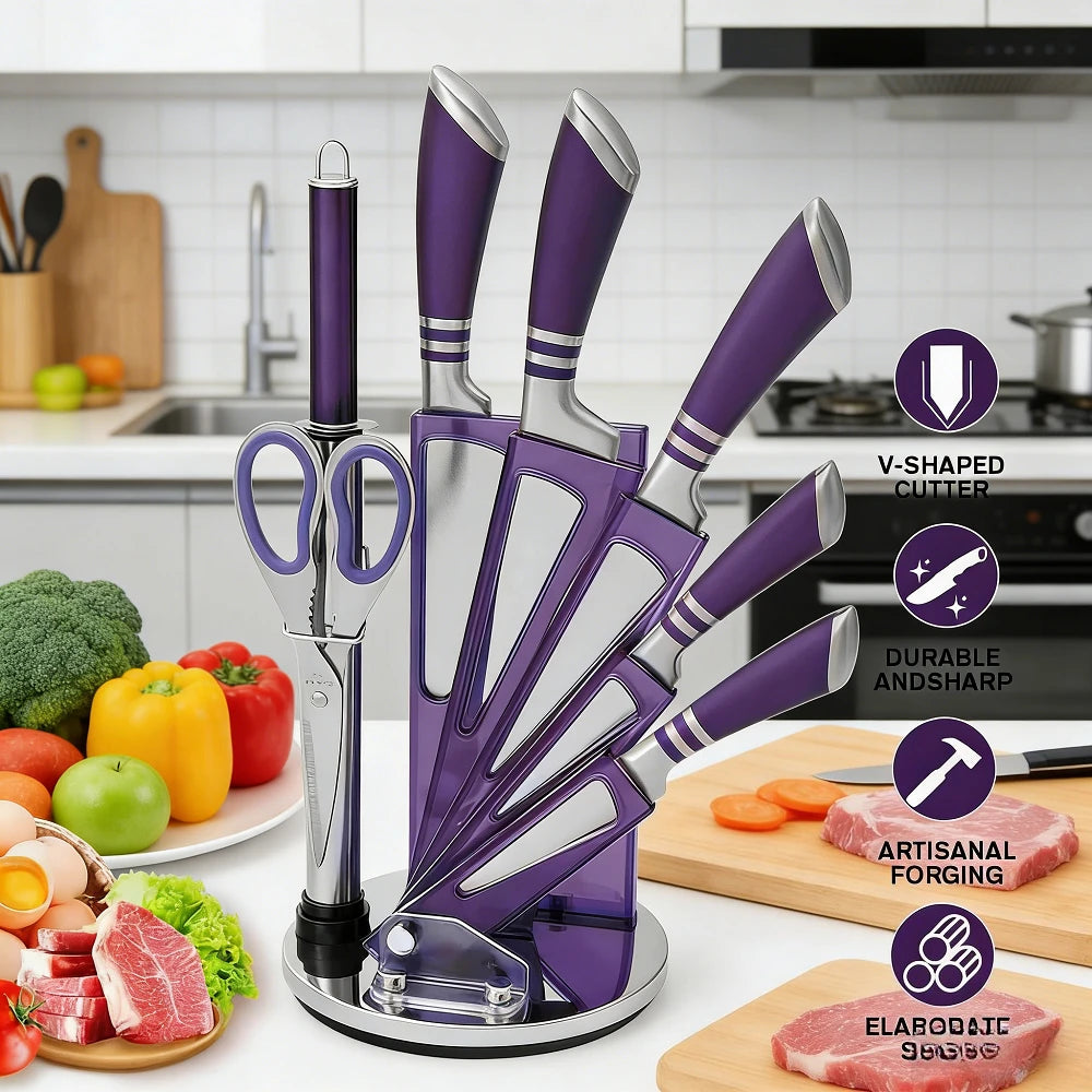 9-Piece Purple Kitchen Knife Set Sharp Wear-Resistant 3CR13 Stainless Steel Hollow Handle Ergonomic Chef Knife Set with Gift Box