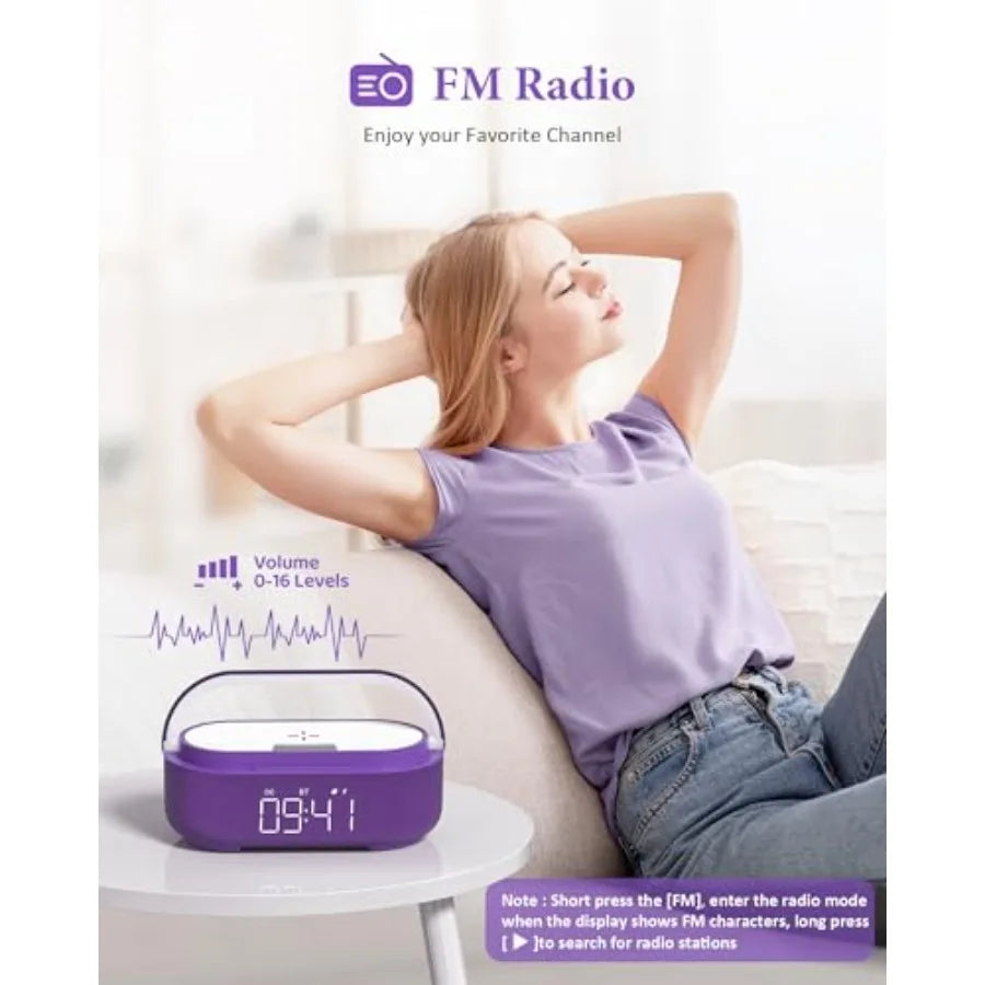 Bluetooth Speaker Alarm Clock with Wireless Charger FM Radio Adjustable LED Night Light