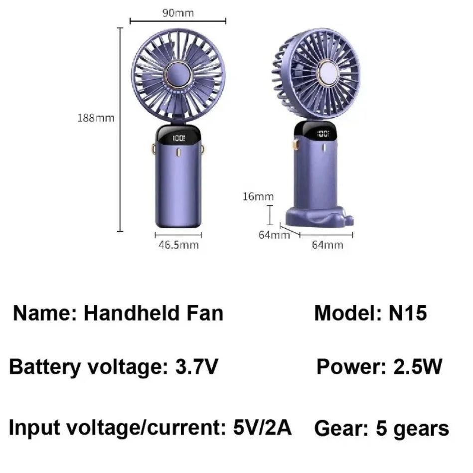 Folding Fan with Phone Stand, 5-Speed USB-C Rechargeable, LED Display Handheld & Desk Fan, Portable