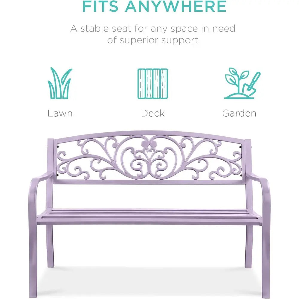 Lavender Steel Outdoor Bench with Floral Backrest