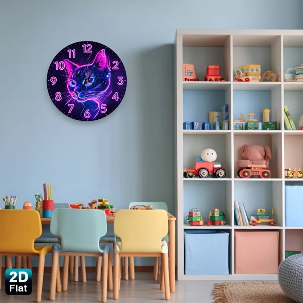 1pc Neon Cat Face Wall Clock - Purple & Pink
