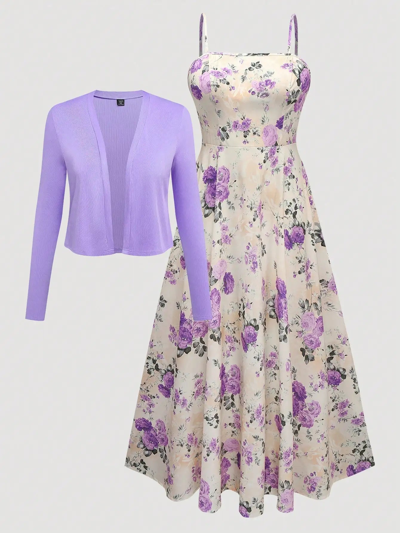 Women Floral Print Camisole Dress And Long Sleeve Cropped Jacket Set