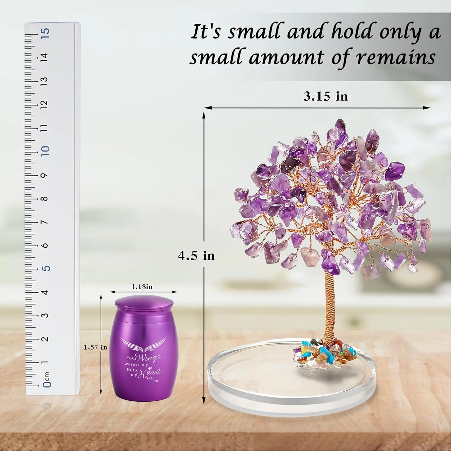 Small Urns for Ashes Keepsake Set of 2, Angel Wings Mini Urn for Human Pet Ashes with Amethyst Crystal Tree