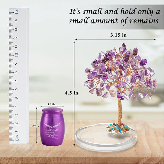 Small Urns for Ashes Keepsake Set of 2, Angel Wings Mini Urn for Human Pet Ashes with Amethyst Crystal Tree