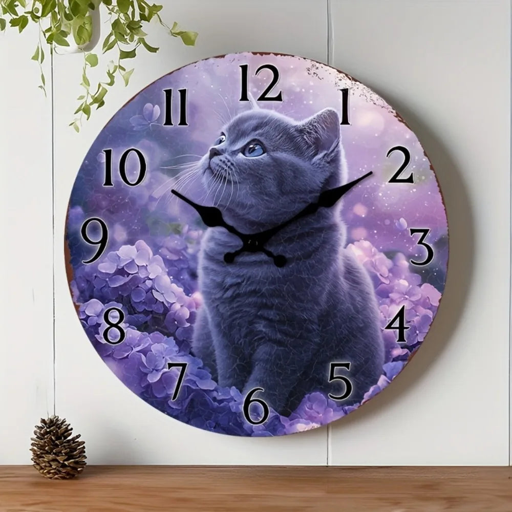 1pc Wooden Wall Clock with Purple Cat & Floral Design, silent