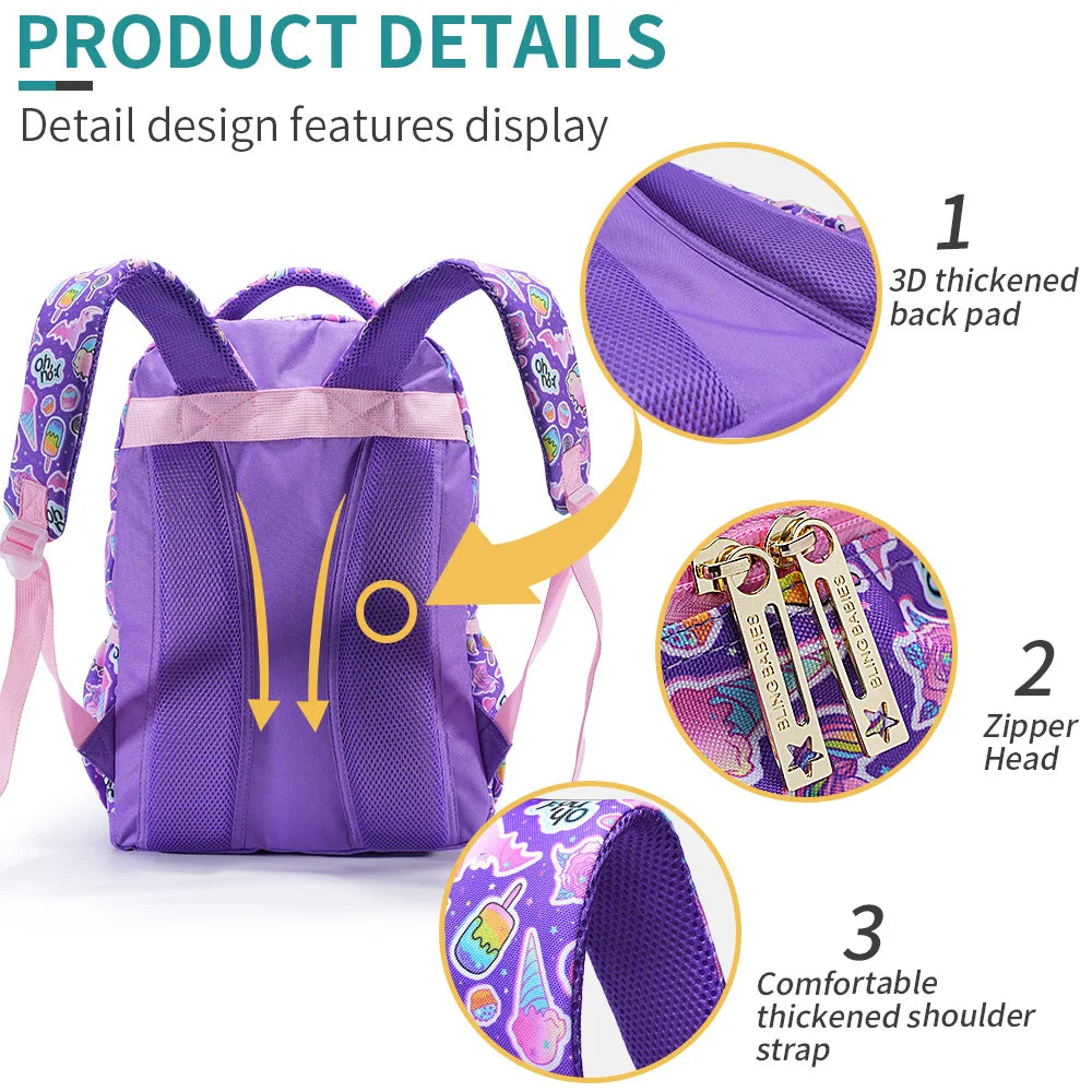 3PCS Kids travel bag, Luggage Bag, Bookbag, With Lunch Box And Pen Bag, Cute Cartoon Purple Unicorn Sequin, Nighttime reflective