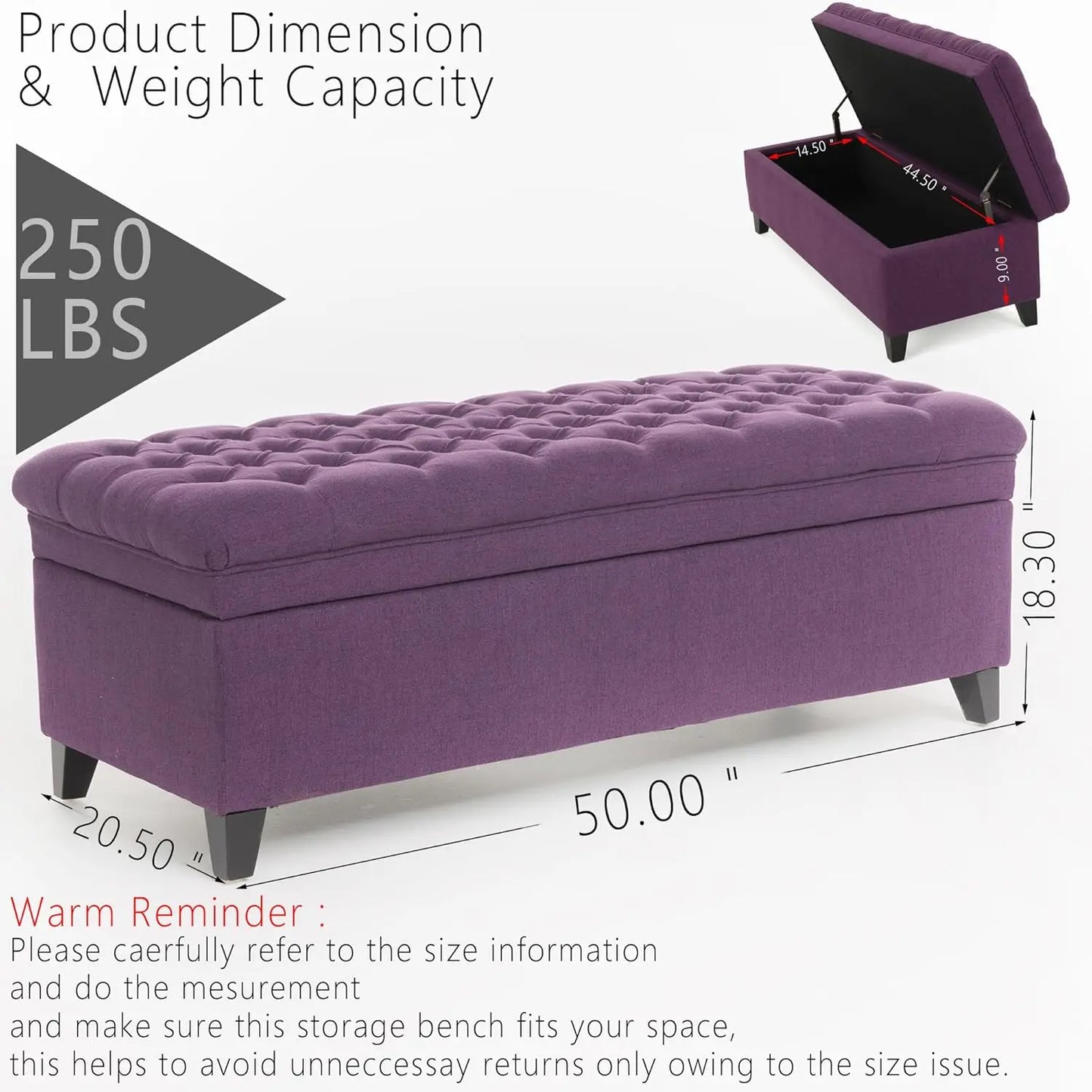 Linen Storage Bench, 50" Bed End Bench with Storage