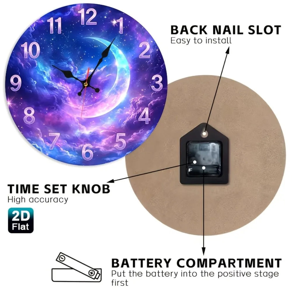 1pc Purple Pink Gradient Nebula & Crescent Moon Wall Clock