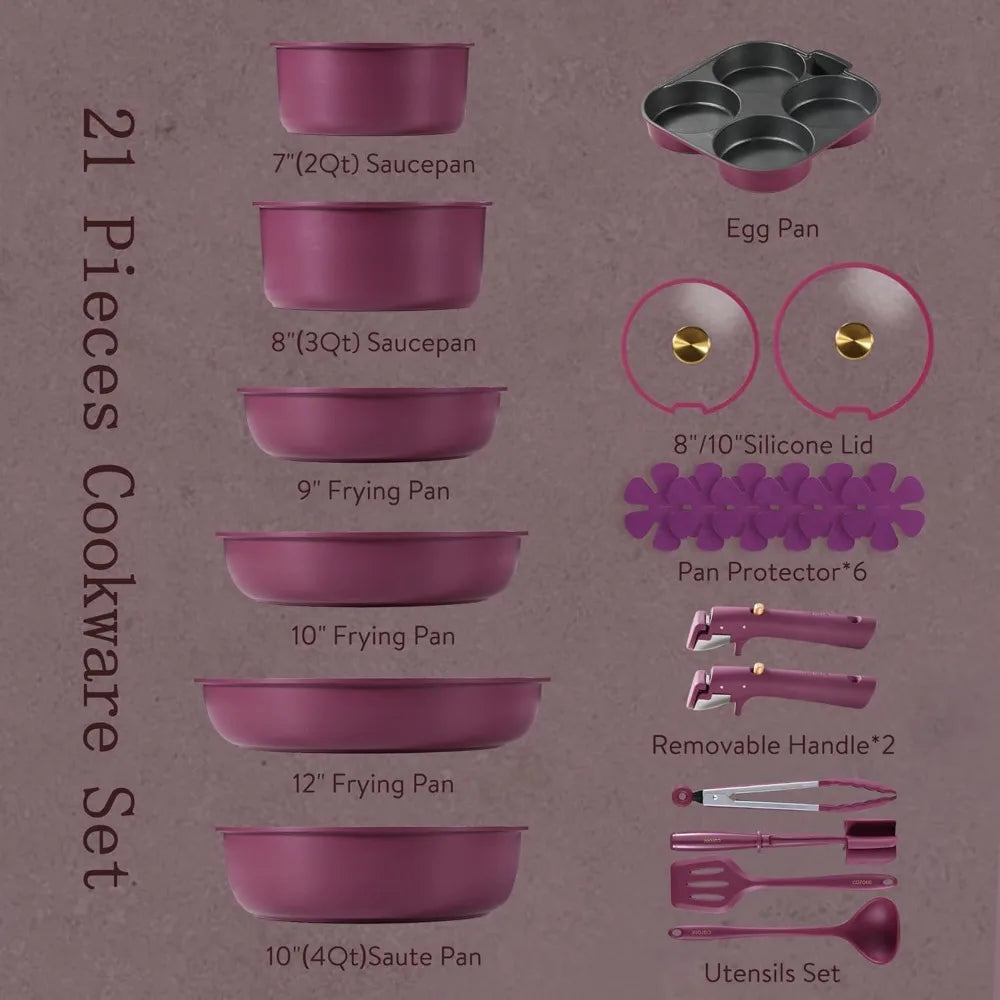 21pcs Pots and Pans Set, Nonstick Cookware Set Detachable Handle, Induction Kitchen Cookware Sets Non