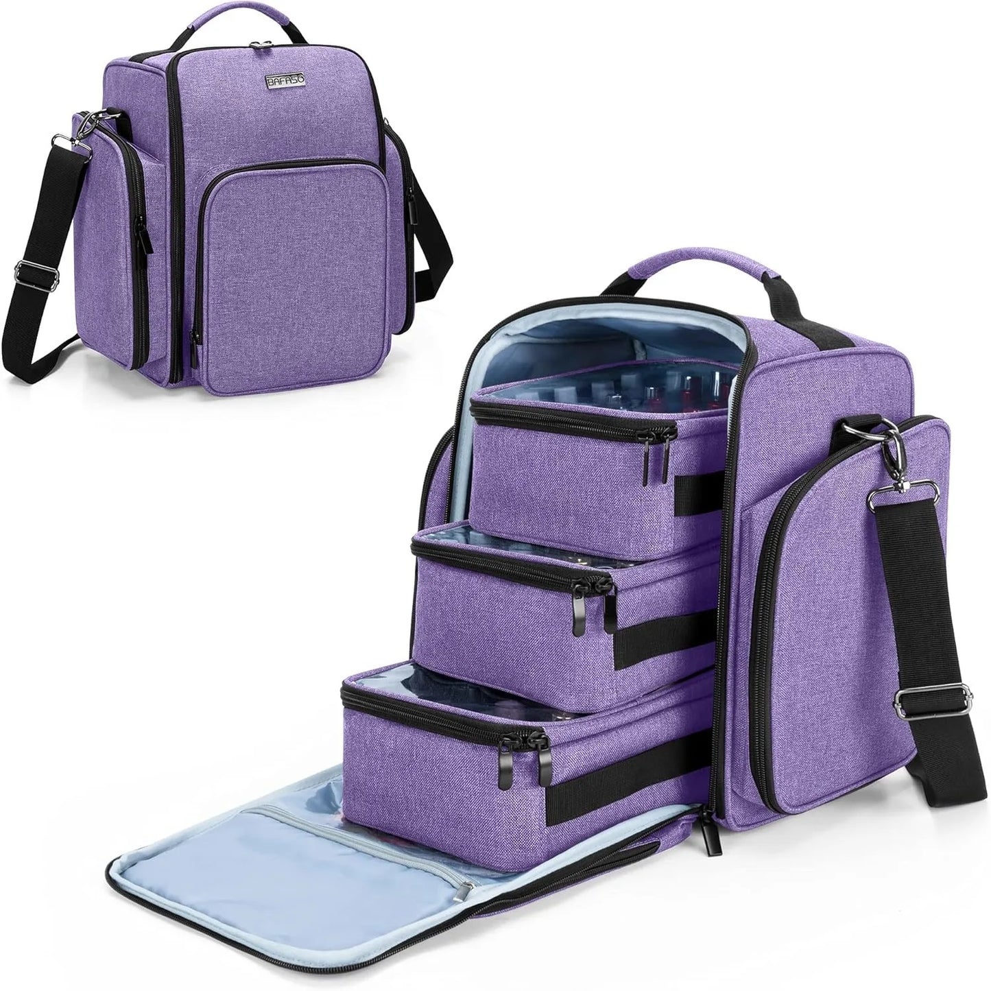 Nail Polish Organizer Holds 72 Bottles, Large Nail Polish Case with 3 Removable Pouches and Multiple Storage Sections, Purple