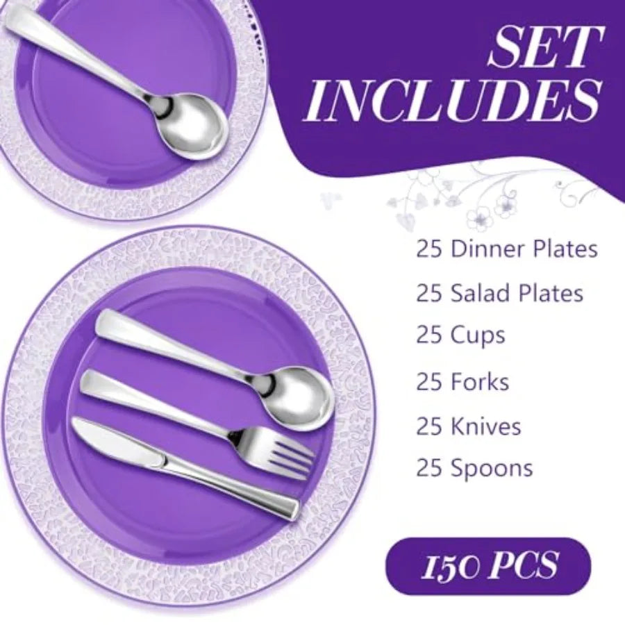 150 Pcs Plastic Dinnerware Set with 10.2'' Dinner Plates 7.5'' Salad Plates 9 oz Rimmed Cups Knives Forks and Spoons for 25 Guests