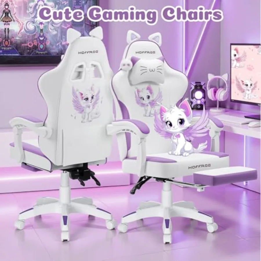 Purple PU Leather Gaming Chair with Cat Ears Design and Built-in Massage Function